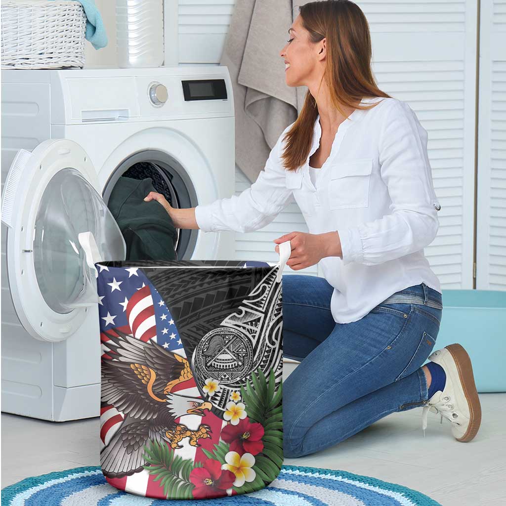 United States and American Samoa Laundry Basket USA Flag Eagle With Seal Tropical Flowers
