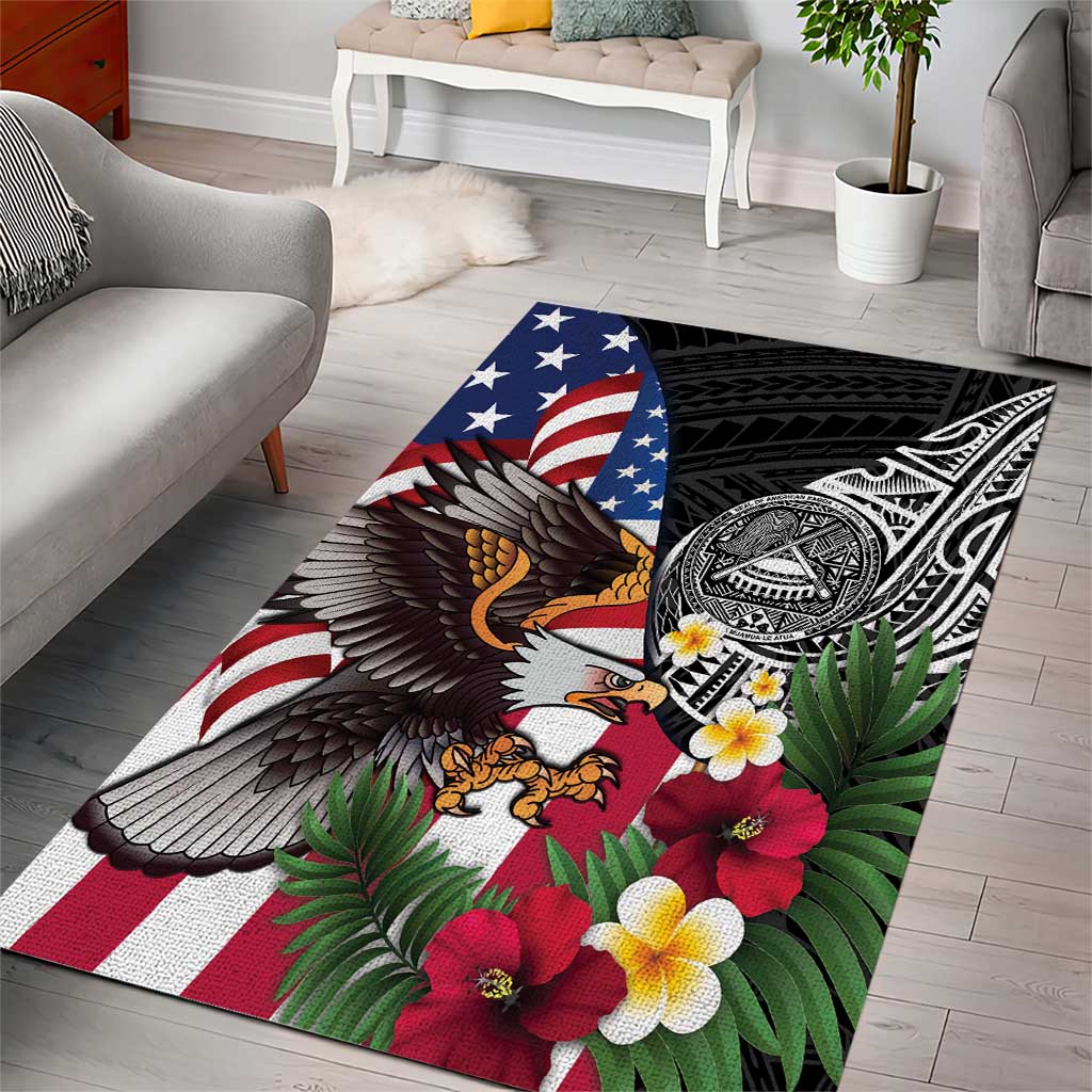 United States and American Samoa Area Rug USA Flag Eagle With Seal Tropical Flowers