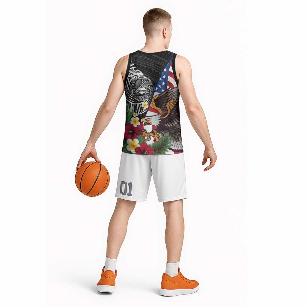United States and American Samoa Basketball Jersey USA Flag Eagle With Seal Tropical Flowers LT14 - Polynesian Pride