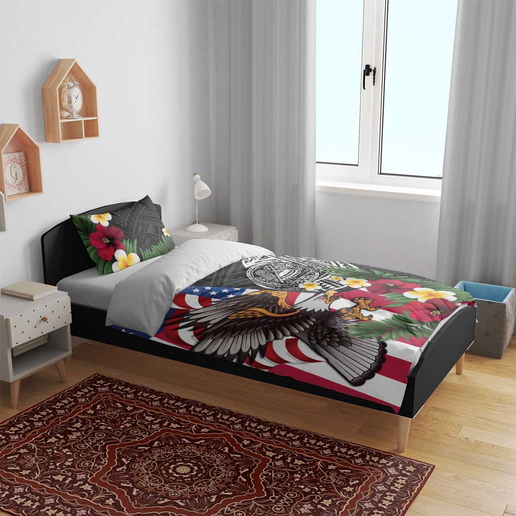 United States and American Samoa Bedding Set USA Flag Eagle With Seal Tropical Flowers