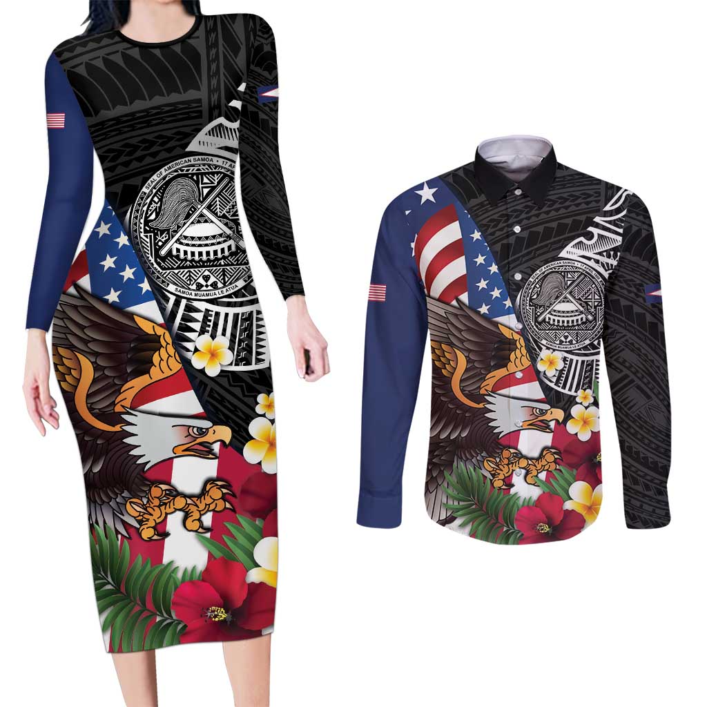 United States and American Samoa Couples Matching Long Sleeve Bodycon Dress and Long Sleeve Button Shirt USA Flag Eagle With Seal Tropical Flowers LT14 Black - Polynesian Pride