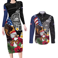 United States and American Samoa Couples Matching Long Sleeve Bodycon Dress and Long Sleeve Button Shirt USA Flag Eagle With Seal Tropical Flowers LT14 Black - Polynesian Pride