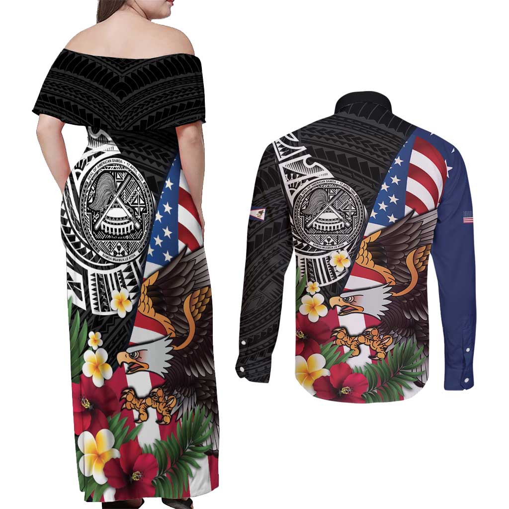 United States and American Samoa Couples Matching Off Shoulder Maxi Dress and Long Sleeve Button Shirt USA Flag Eagle With Seal Tropical Flowers LT14 - Polynesian Pride