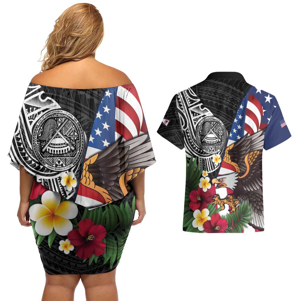 United States and American Samoa Couples Matching Off Shoulder Short Dress and Hawaiian Shirt USA Flag Eagle With Seal Tropical Flowers LT14 - Polynesian Pride