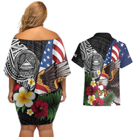 United States and American Samoa Couples Matching Off Shoulder Short Dress and Hawaiian Shirt USA Flag Eagle With Seal Tropical Flowers LT14 - Polynesian Pride