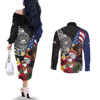 United States and American Samoa Couples Matching Off The Shoulder Long Sleeve Dress and Long Sleeve Button Shirt USA Flag Eagle With Seal Tropical Flowers LT14 - Polynesian Pride