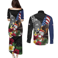 United States and American Samoa Couples Matching Puletasi and Long Sleeve Button Shirt USA Flag Eagle With Seal Tropical Flowers LT14 - Polynesian Pride