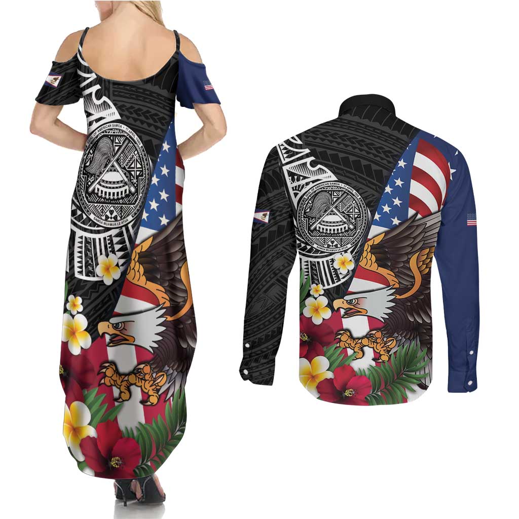 United States and American Samoa Couples Matching Summer Maxi Dress and Long Sleeve Button Shirt USA Flag Eagle With Seal Tropical Flowers LT14 - Polynesian Pride