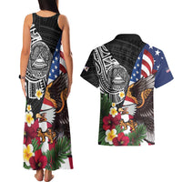 United States and American Samoa Couples Matching Tank Maxi Dress and Hawaiian Shirt USA Flag Eagle With Seal Tropical Flowers LT14 - Polynesian Pride