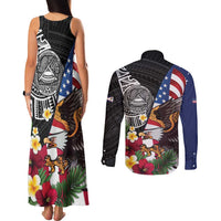 United States and American Samoa Couples Matching Tank Maxi Dress and Long Sleeve Button Shirt USA Flag Eagle With Seal Tropical Flowers LT14 - Polynesian Pride