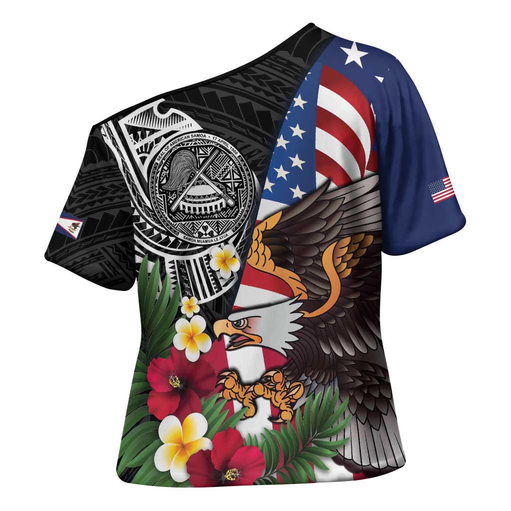 United States and American Samoa Cross Shoulder Shirt USA Flag Eagle With Seal Tropical Flowers