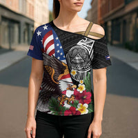 United States and American Samoa Cross Shoulder Shirt USA Flag Eagle With Seal Tropical Flowers
