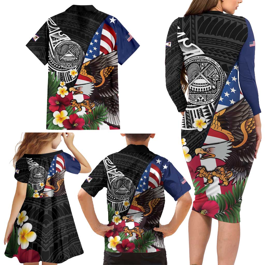 United States and American Samoa Family Matching Long Sleeve Bodycon Dress and Hawaiian Shirt USA Flag Eagle With Seal Tropical Flowers LT14 - Polynesian Pride