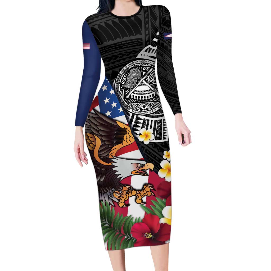 United States and American Samoa Family Matching Long Sleeve Bodycon Dress and Hawaiian Shirt USA Flag Eagle With Seal Tropical Flowers LT14 Mom's Dress Black - Polynesian Pride