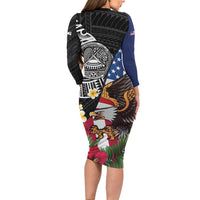 United States and American Samoa Family Matching Long Sleeve Bodycon Dress and Hawaiian Shirt USA Flag Eagle With Seal Tropical Flowers LT14 - Polynesian Pride