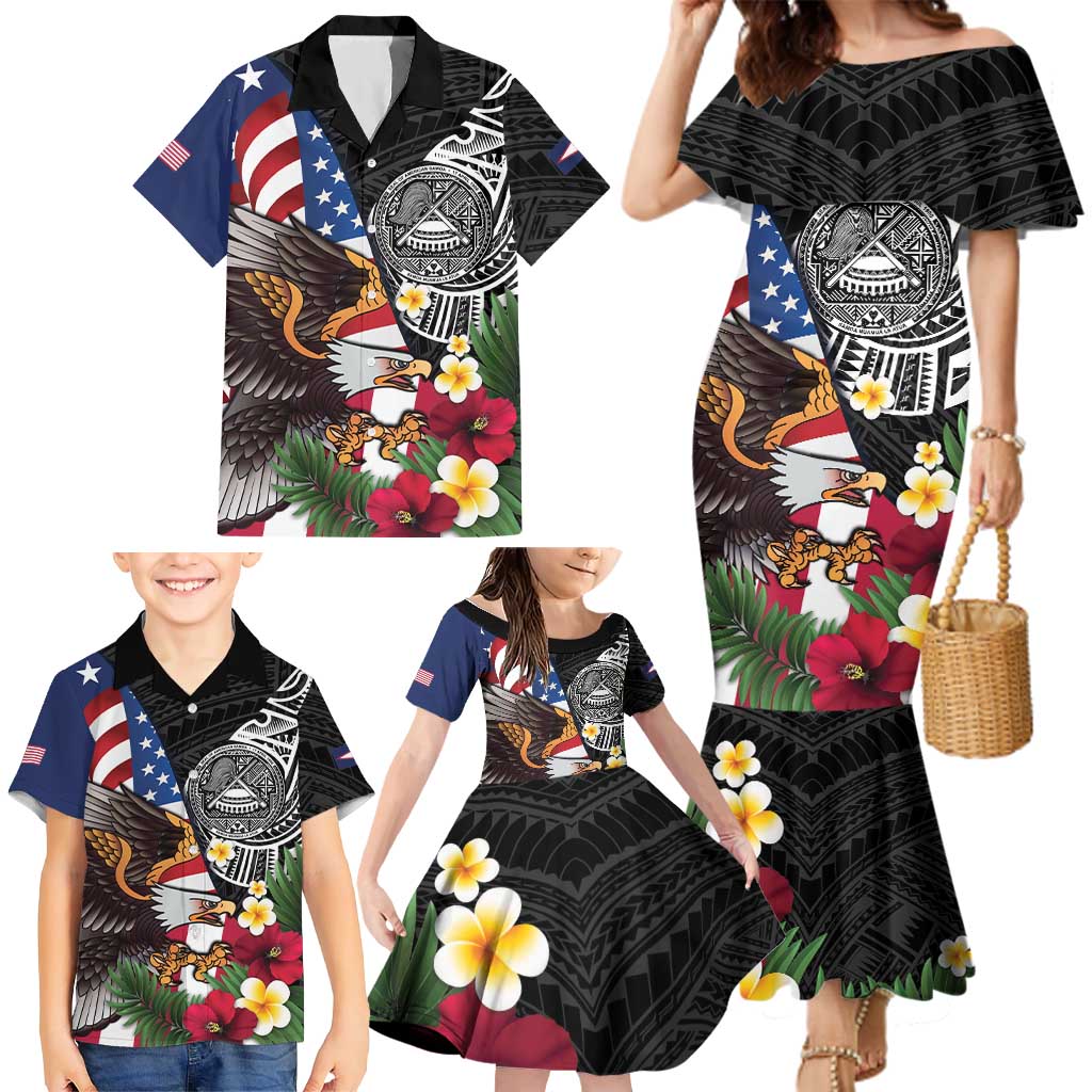 United States and American Samoa Family Matching Mermaid Dress and Hawaiian Shirt USA Flag Eagle With Seal Tropical Flowers LT14 - Polynesian Pride