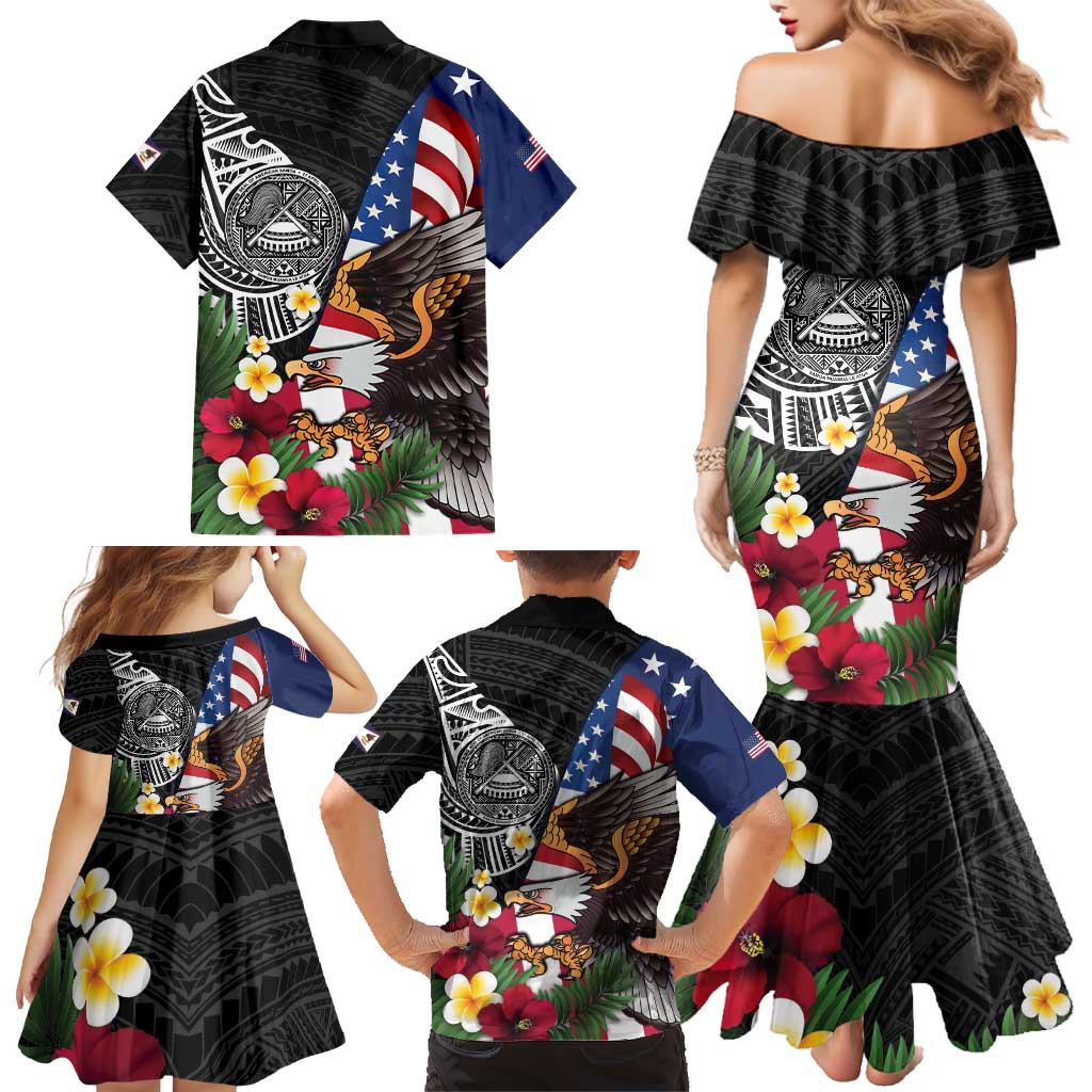 United States and American Samoa Family Matching Mermaid Dress and Hawaiian Shirt USA Flag Eagle With Seal Tropical Flowers LT14 - Polynesian Pride