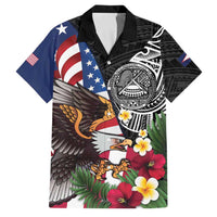United States and American Samoa Family Matching Mermaid Dress and Hawaiian Shirt USA Flag Eagle With Seal Tropical Flowers LT14 Dad's Shirt - Short Sleeve Black - Polynesian Pride