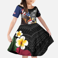 United States and American Samoa Family Matching Off Shoulder Maxi Dress and Hawaiian Shirt USA Flag Eagle With Seal Tropical Flowers LT14 Daughter's Dress Black - Polynesian Pride