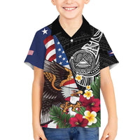 United States and American Samoa Family Matching Off Shoulder Maxi Dress and Hawaiian Shirt USA Flag Eagle With Seal Tropical Flowers LT14 Son's Shirt Black - Polynesian Pride
