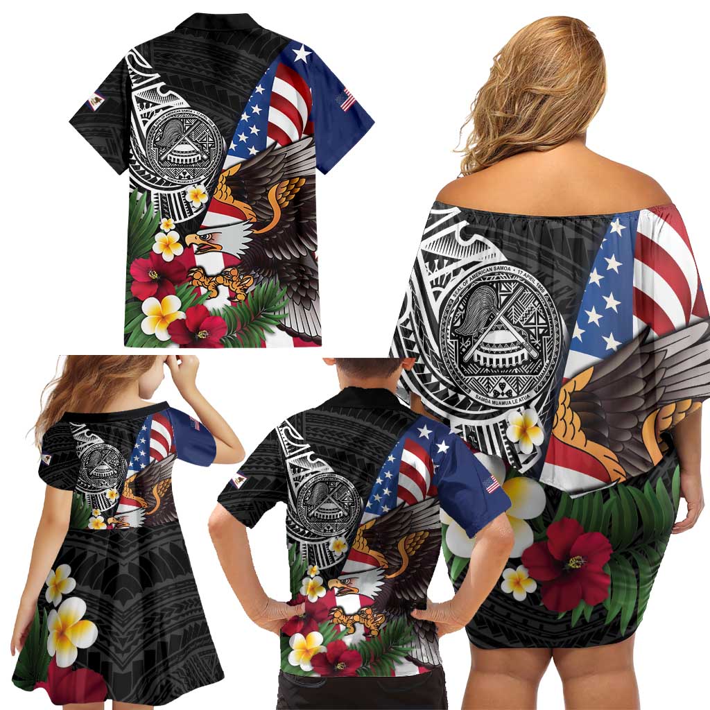 United States and American Samoa Family Matching Off Shoulder Short Dress and Hawaiian Shirt USA Flag Eagle With Seal Tropical Flowers LT14 - Polynesian Pride