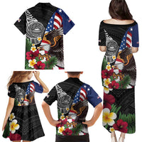 United States and American Samoa Family Matching Puletasi and Hawaiian Shirt USA Flag Eagle With Seal Tropical Flowers LT14 - Polynesian Pride