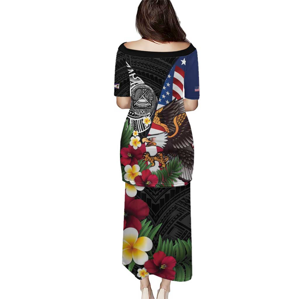 United States and American Samoa Family Matching Puletasi and Hawaiian Shirt USA Flag Eagle With Seal Tropical Flowers LT14 - Polynesian Pride