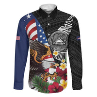United States and American Samoa Family Matching Tank Maxi Dress and Hawaiian Shirt USA Flag Eagle With Seal Tropical Flowers LT14 Dad's Shirt - Long Sleeve Black - Polynesian Pride