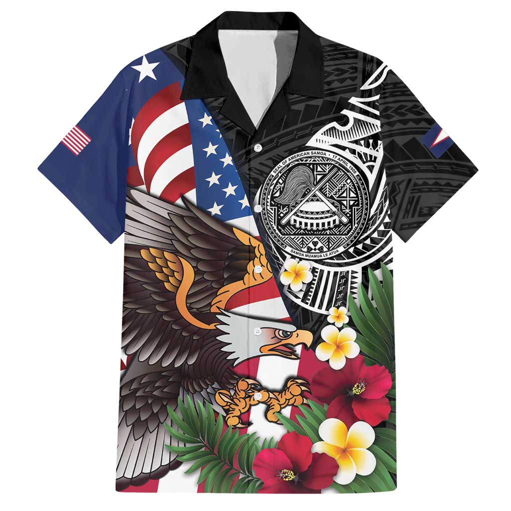 United States and American Samoa Hawaiian Shirt USA Flag Eagle With Seal Tropical Flowers LT14 Black - Polynesian Pride