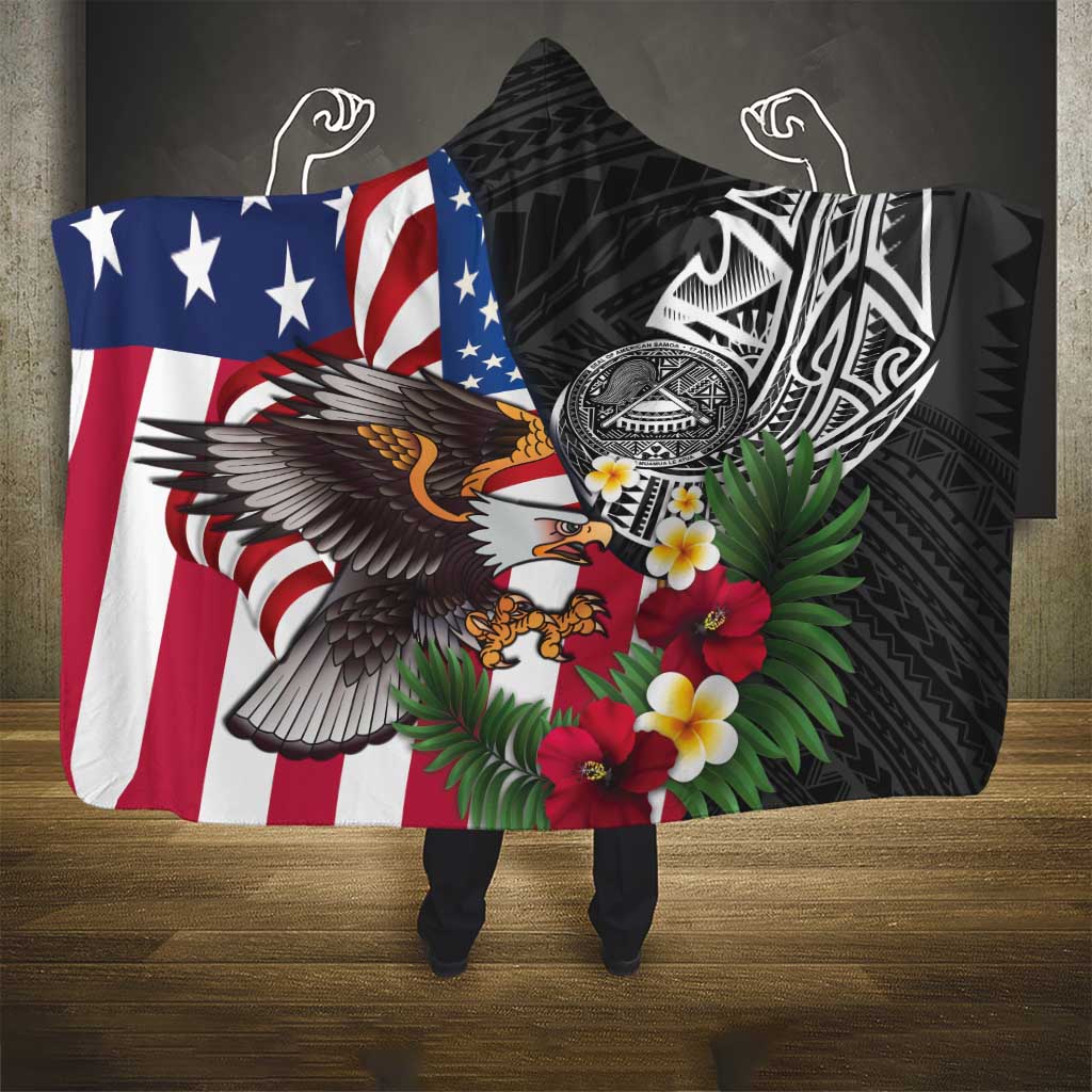 United States and American Samoa Hooded Blanket USA Flag Eagle With Seal Tropical Flowers