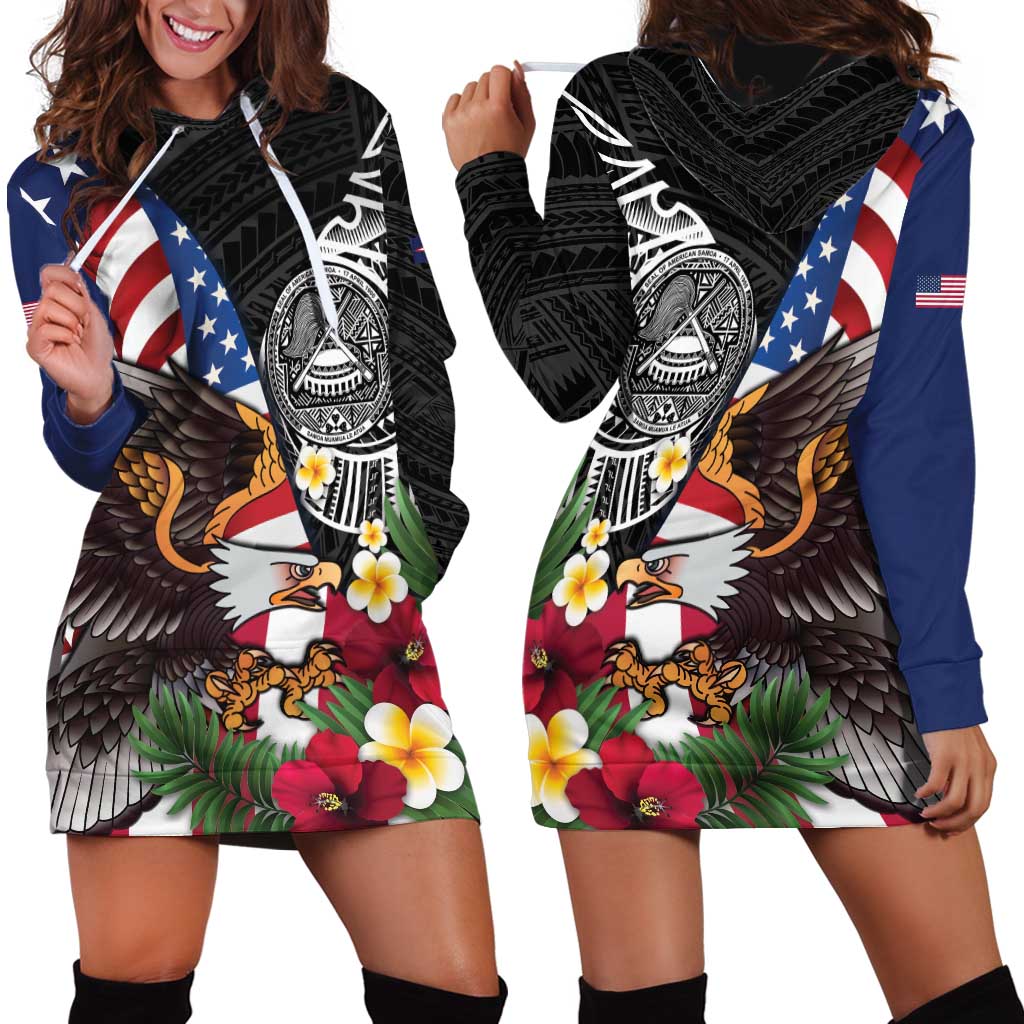 United States and American Samoa Hoodie Dress USA Flag Eagle With Seal Tropical Flowers LT14 - Polynesian Pride