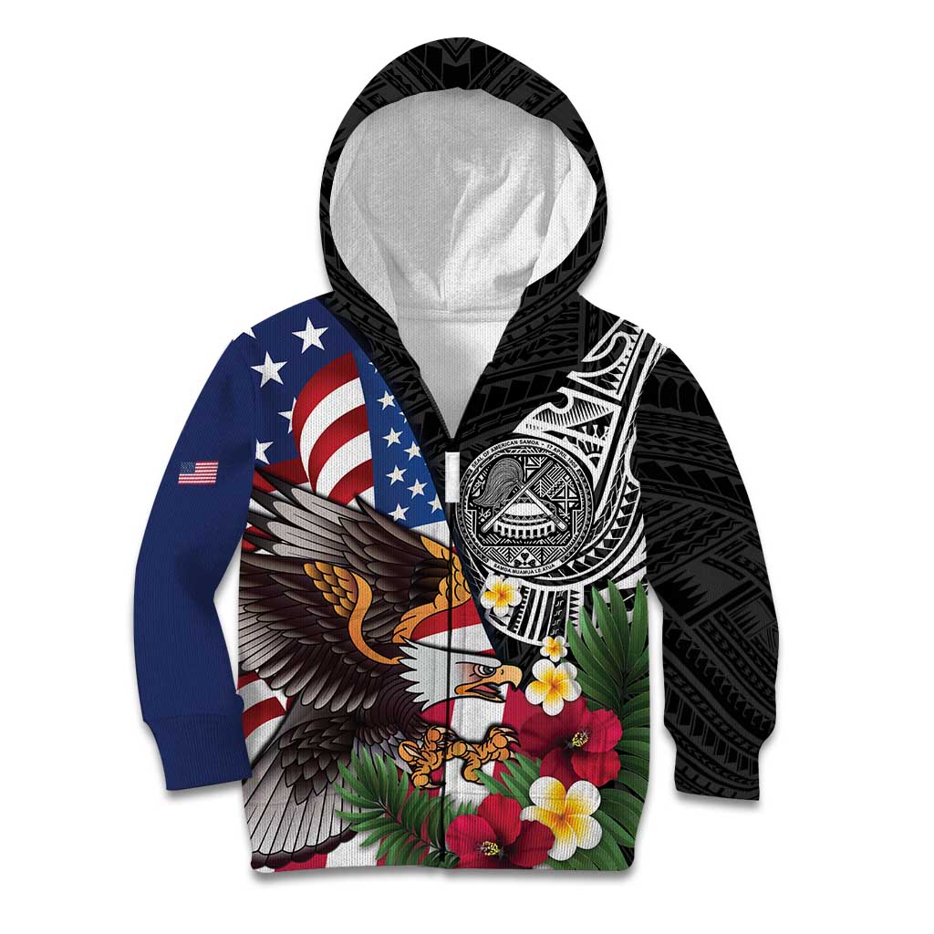 United States and American Samoa Kid Hoodie USA Flag Eagle With Seal Tropical Flowers LT14 Zip Hoodie Black - Polynesian Pride