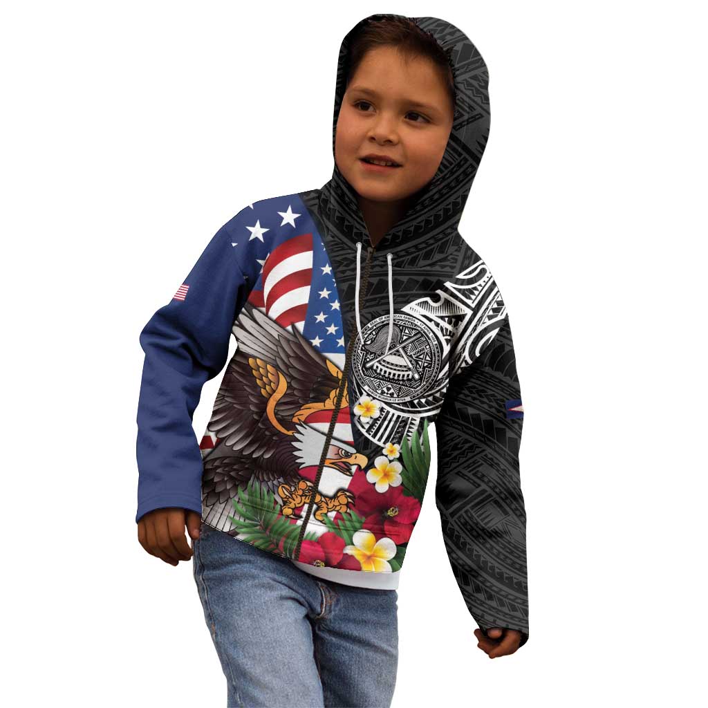 United States and American Samoa Kid Hoodie USA Flag Eagle With Seal Tropical Flowers LT14 - Polynesian Pride