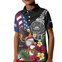United States and American Samoa Kid Polo Shirt USA Flag Eagle With Seal Tropical Flowers LT14 Kid Black - Polynesian Pride