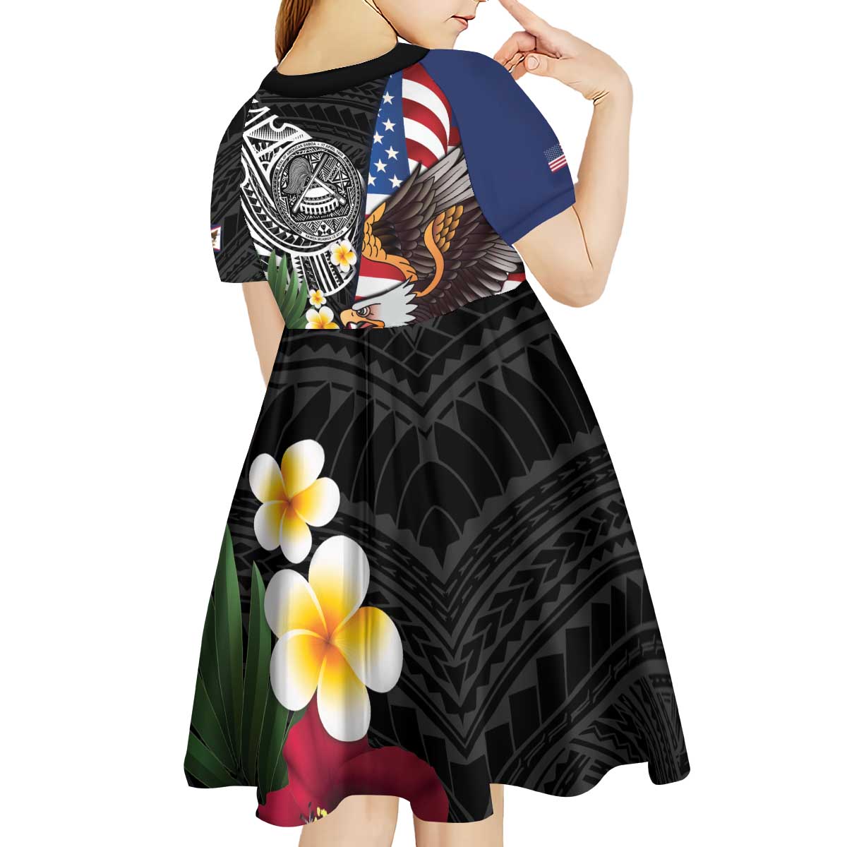 United States and American Samoa Kid Short Sleeve Dress USA Flag Eagle With Seal Tropical Flowers LT14 - Polynesian Pride