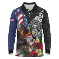 United States and American Samoa Long Sleeve Polo Shirt USA Flag Eagle With Seal Tropical Flowers LT14 Black - Polynesian Pride