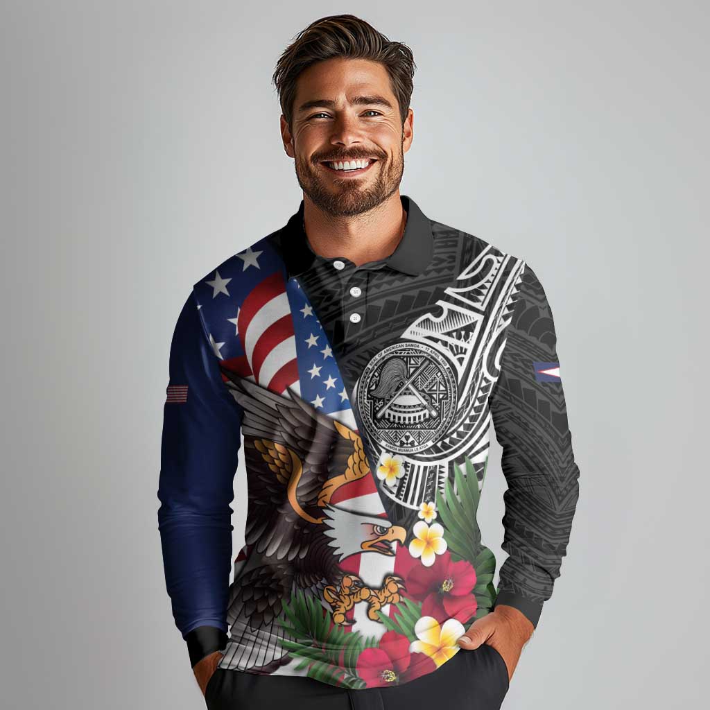 United States and American Samoa Long Sleeve Polo Shirt USA Flag Eagle With Seal Tropical Flowers LT14 - Polynesian Pride