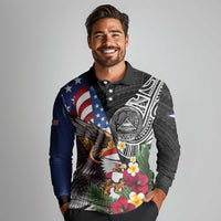 United States and American Samoa Long Sleeve Polo Shirt USA Flag Eagle With Seal Tropical Flowers LT14 - Polynesian Pride