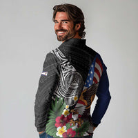United States and American Samoa Long Sleeve Polo Shirt USA Flag Eagle With Seal Tropical Flowers LT14 - Polynesian Pride