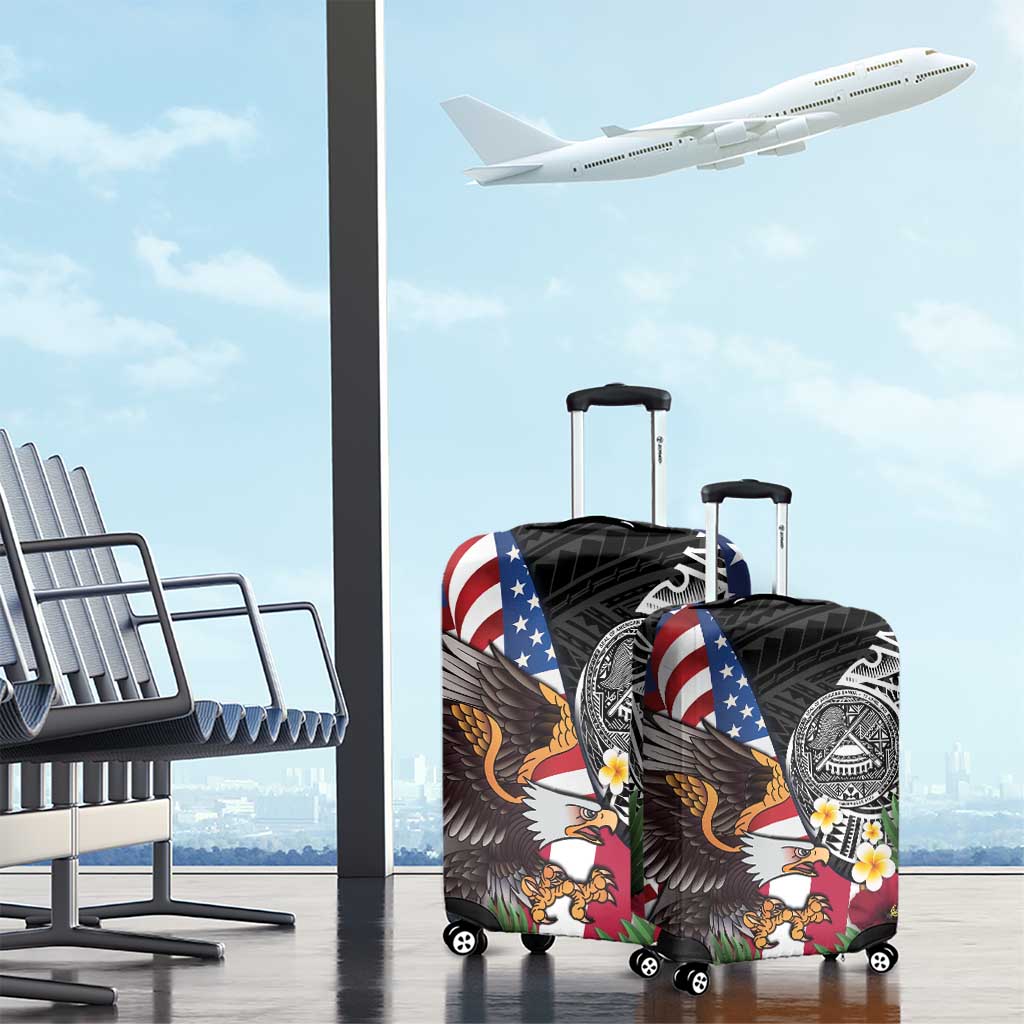 United States and American Samoa Luggage Cover USA Flag Eagle With Seal Tropical Flowers LT14 - Polynesian Pride