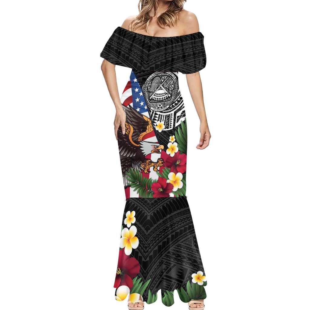 United States and American Samoa Mermaid Dress USA Flag Eagle With Seal Tropical Flowers LT14 - Polynesian Pride