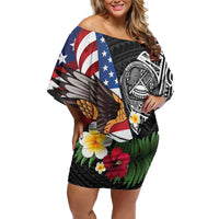 United States and American Samoa Off Shoulder Short Dress USA Flag Eagle With Seal Tropical Flowers LT14 Women Black - Polynesian Pride