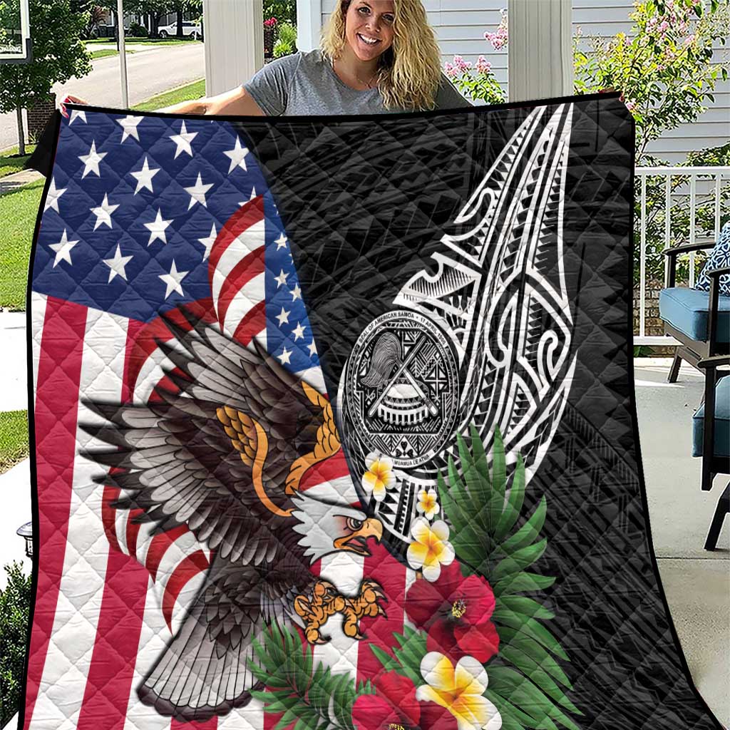 United States and American Samoa Quilt USA Flag Eagle With Seal Tropical Flowers LT14 Black - Polynesian Pride