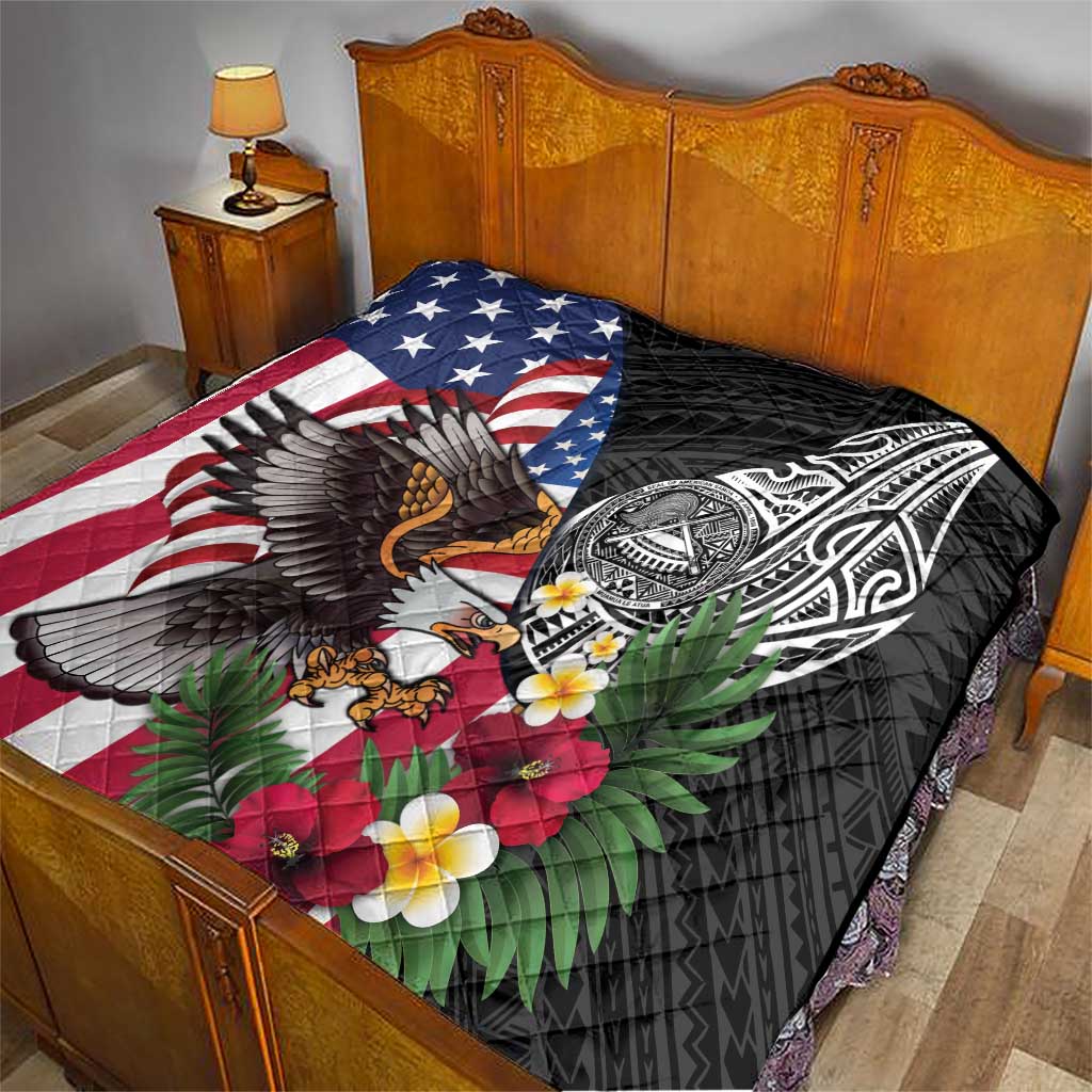 United States and American Samoa Quilt USA Flag Eagle With Seal Tropical Flowers LT14 - Polynesian Pride
