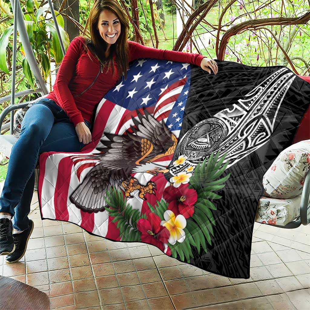 United States and American Samoa Quilt USA Flag Eagle With Seal Tropical Flowers LT14 - Polynesian Pride