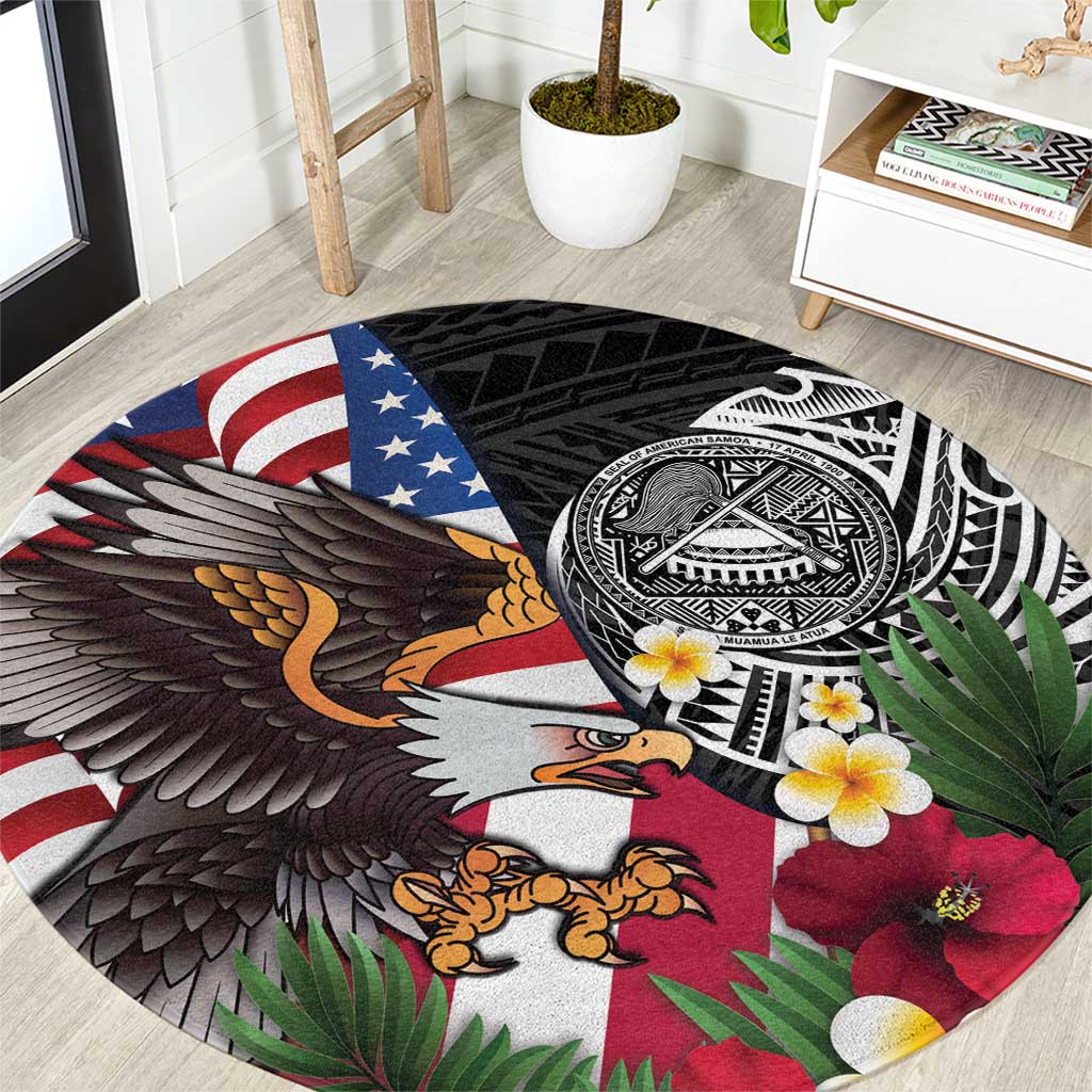United States and American Samoa Round Carpet USA Flag Eagle With Seal Tropical Flowers