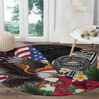 United States and American Samoa Round Carpet USA Flag Eagle With Seal Tropical Flowers