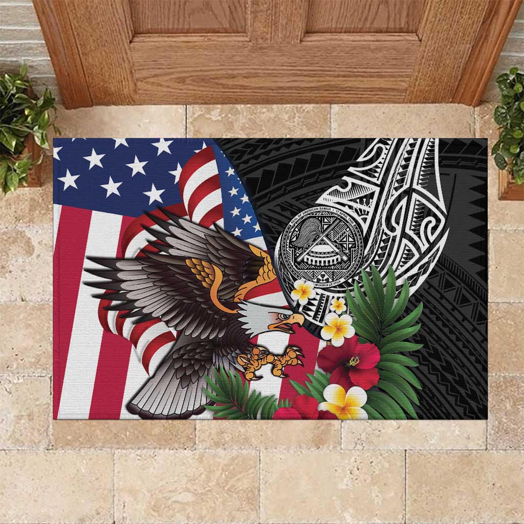 United States and American Samoa Rubber Doormat USA Flag Eagle With Seal Tropical Flowers