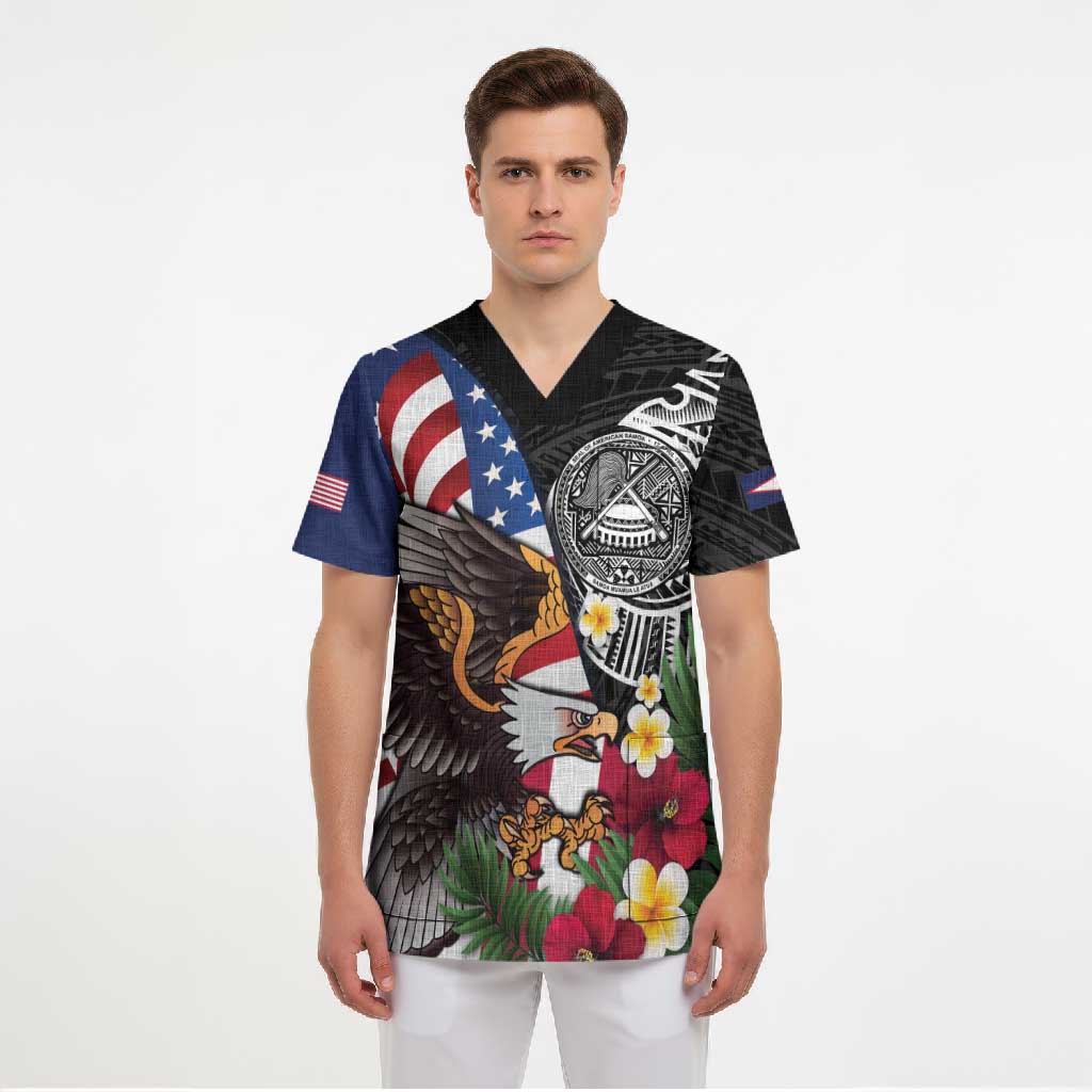 United States and American Samoa Scrub Top USA Flag Eagle With Seal Tropical Flowers