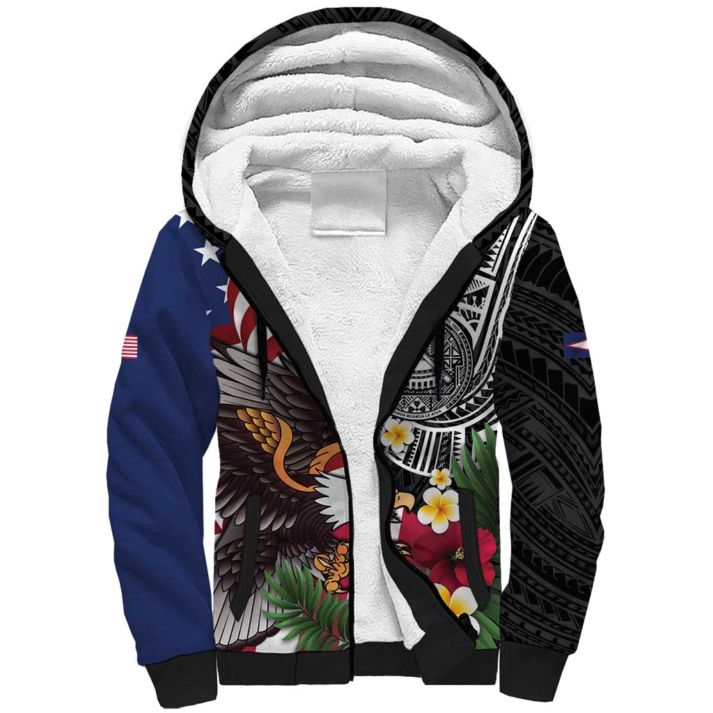 United States and American Samoa Sherpa Hoodie USA Flag Eagle With Seal Tropical Flowers LT14 Unisex Black - Polynesian Pride